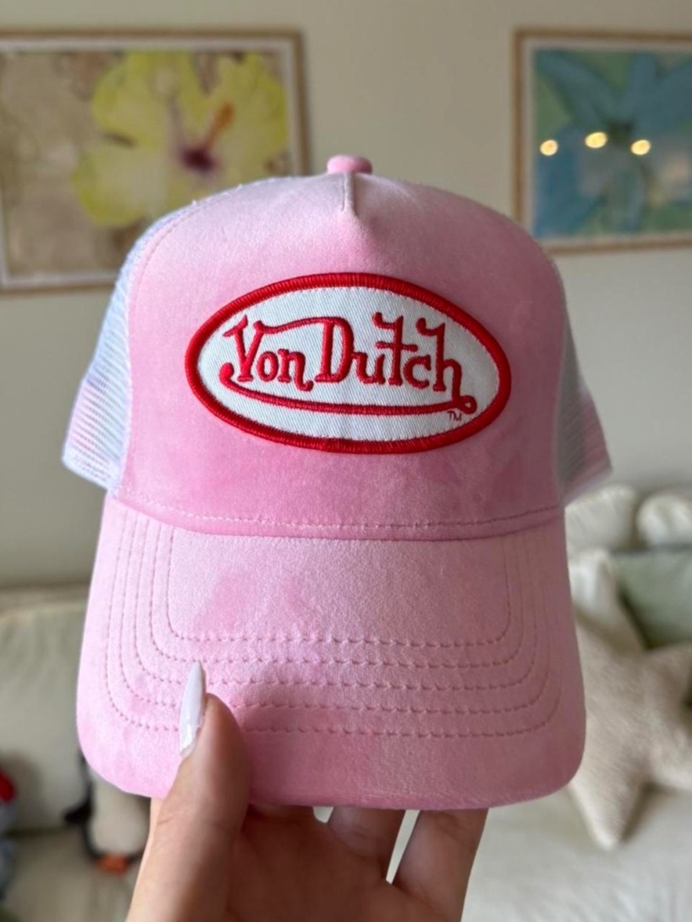 pink crushed velvet von dutch trucker hat